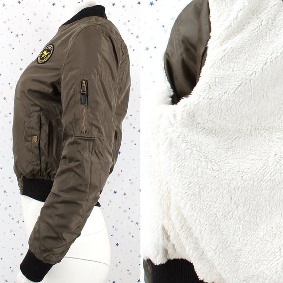 Fur Lined Short Bomber Jacket Patches Olive - Picture 5 of 8